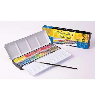 SENNELIER Aquarelles  - bo&icirc;te m&eacute;tallique 24 demi-godets + 1 pinceau