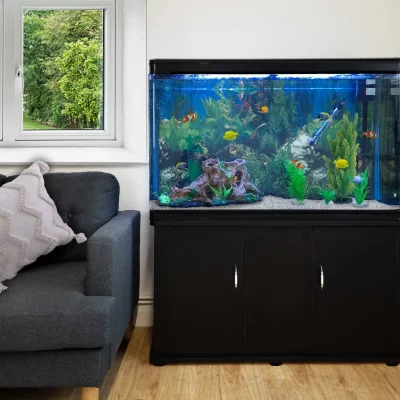 MONSTERSHOP Aquarium &agrave; bords Noir avec Kit de D&eacute;marrage et Meuble de support Noir 