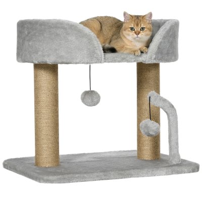 PAWHUT Arbre &agrave; chat 2 griffoirs jute naturelle panier jeu 2 boules suspendues avec clochettes peluche grise