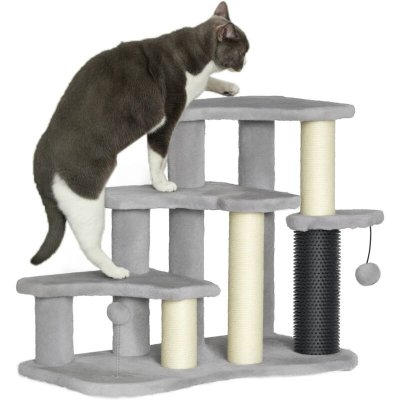 PAWHUT Arbre &agrave; chat 3 marches 3 griffoirs bande massante 2 jeux boules peluche gris clair 