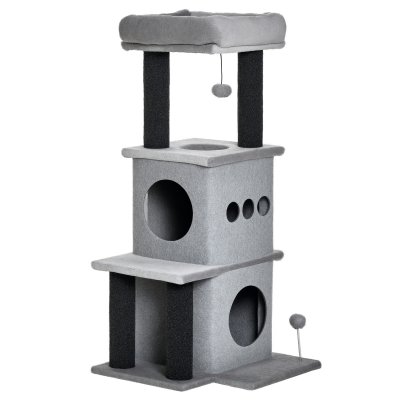 PAWHUT Arbre &agrave; chat boule suspendue, &agrave; ressort 2 niches amovibles plateformes gris