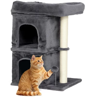 PAWHUT Arbre &agrave; chat grande plateforme 2 niches et balle en peluche gris fonc&eacute;