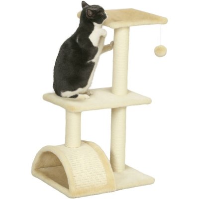 PAWHUT Arbre &agrave; chat griffoir grattoir design jeu boule suspendue 2 plateformes peluche sisal naturel cr&egrave;me 
