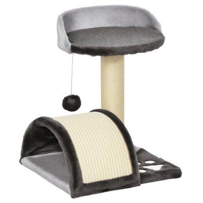 PAWHUT Arbre &agrave; chat griffoir grattoir design jeu boule suspendue + plateforme peluche sisal naturel gris