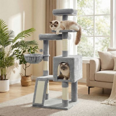 FEANDREA Arbre pour chat avec 3 plateformes maison et panier griffoir gris