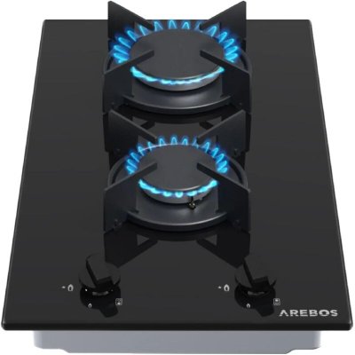 AREBOS  Plaque De Cuisson &Agrave; Gaz En Acier Inox 2 Br&ucirc;leurs 30 Cm Verre Tables De Cuisson Noir