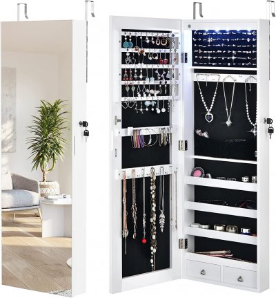 Armoire &agrave; Bijoux &agrave; Fixation Murale/Porte 6 LED et 2 Tiroirs avec Miroir Grand Format Blanche pour Ch