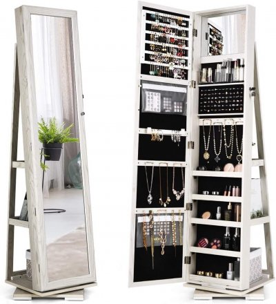 Armoire &agrave; Bijoux Pivotante &agrave; 360 Degr&eacute;s avec Grand Miroir Psych&eacute; et Etag&egrave;re de Rangement &agrave; L&rsquo;Arri&egrave;re