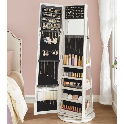 Armoire &agrave; bijoux pivotante avec miroir et &eacute;tag&egrave;res - H160 cm - Blanc