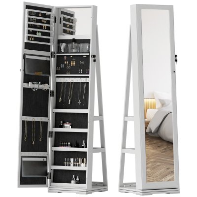 Armoire &agrave; bijoux pivotante verrouillable avec miroir gris clair