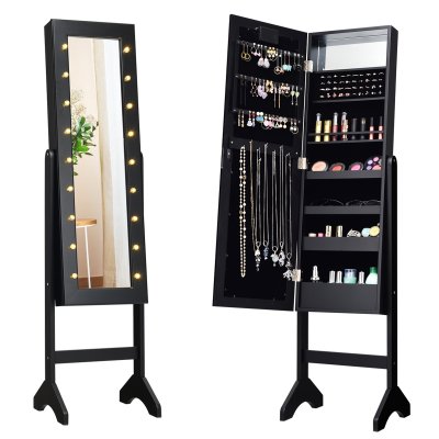Armoire &agrave; Bijoux sur Pied COSTWAY avec 18 LED, Doublure en Velours Doux 35 &times; 31,5 x 145 CM Noir
