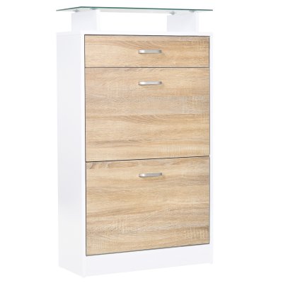 Armoire &agrave; chaussures 2 portes tiroir &eacute;tag&egrave;re verre ch&ecirc;ne blanc