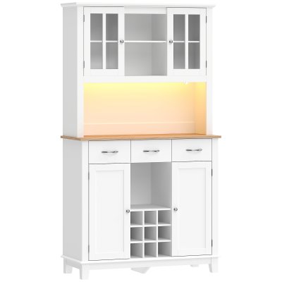 Armoire de cuisine avec &eacute;clairage led porte-bouteilles bois blanc