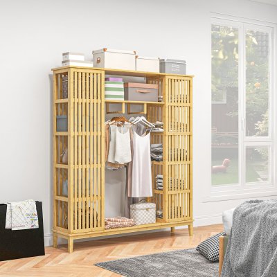 Armoire penderie en bambou - 2 portes coulissantes, 7 &eacute;tag&egrave;res, 2 barres - dim. 145l x 35l x 165hcm 