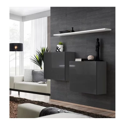 ASM Commode - Switch SB I - 2 Vitrines Carr&eacute;es - 1 &eacute;tag&egrave;re - Blanc Et Graphite - Mod&egrave;le 2