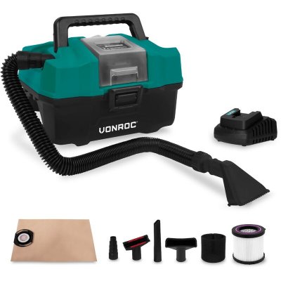 VONROC Aspirateur multi-usage portatif 20V - Bac de 15L - R&eacute;cup&eacute;ration de poussi&egrave;res - Accessoires inclus