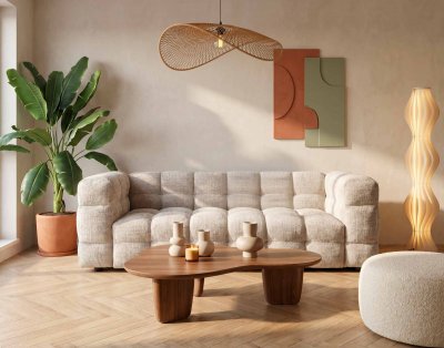 MEUBLE, LINGE DE MAISON Augustin - Canap&eacute; Droit 3 Places En Velours Textur&eacute; - Beige