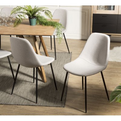 AUGUSTIN - Lot de 2 chaises tissu blanc &eacute;cru pieds m&eacute;tal noir