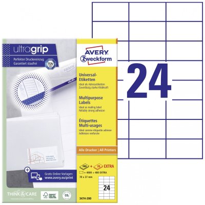 AVERY DENNISON Avery 3475-200 Lot de 4800 Etiquettes autocollant multi-usages 24 par feuille 70 x 36 mm Blanc