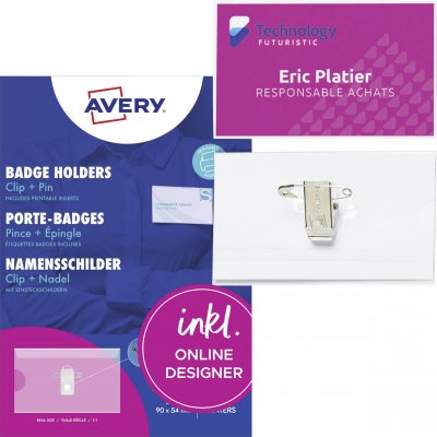 AVERY  - 4820 - 50 badges en plastique combi (pince m&eacute;tal + &eacute;pingle). 54x90mm.