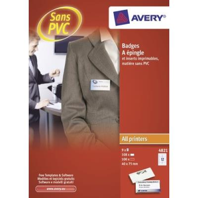 AVERY  - 4821 - 100 badges en plastique avec &eacute;pingle. 40x75mm.