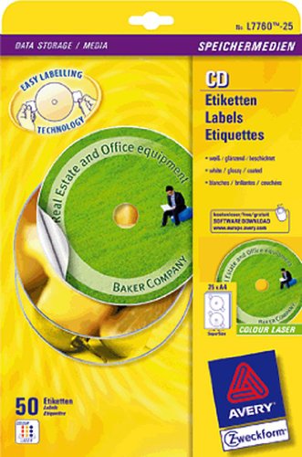 AVERY  Bo&icirc;te de 50 &eacute;tiquettes Laser couleur pour CD et DVD L7760-25