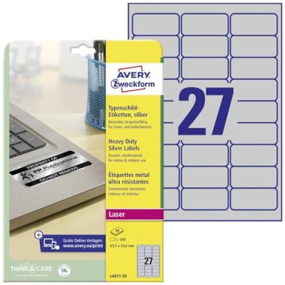 AVERY  Bo&icirc;te de 540 &eacute;tiquettes ultra r&eacute;sistante m&eacute;talliques 63.5X29.6mm impression Laser L6011-20