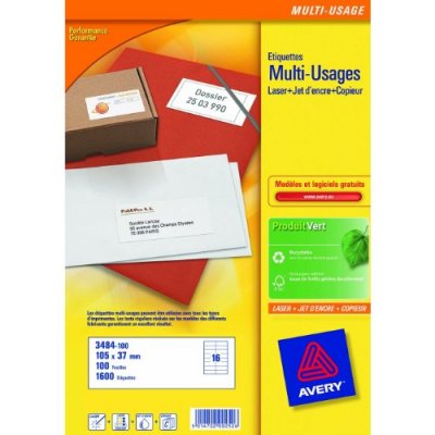 AVERY  Etiquette adresse jet d'encre et laser 105 x 37 mm  3484-100 blanche - Bo&icirc;te de 1600