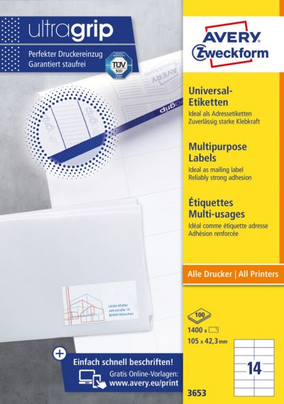 AVERY  Etiquette adresse jet d'encre et laser 105 x 42,3 mm  3653-100 blanche - Bo&icirc;te de 1400