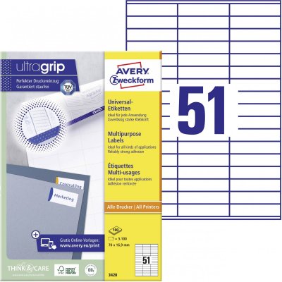 AVERY DENNISON Avery - &Eacute;tiquettes adh&eacute;sives permanentes - blanc - 70 x 16.9 mm 5100 unit&eacute;s ( 100 feuille(s) x 51 )