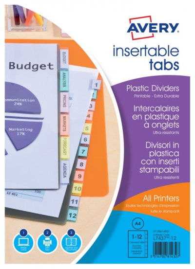 AVERY  Intercalaires &agrave; onglets personnalisables en polypropyl&egrave;ne A4, 12 touches