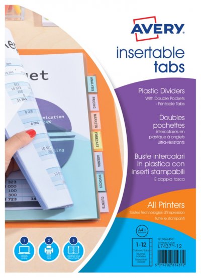 AVERY  Intercalaires &agrave; onglets personnalisables en polypropyl&egrave;ne maxi A4+, 12 touches
