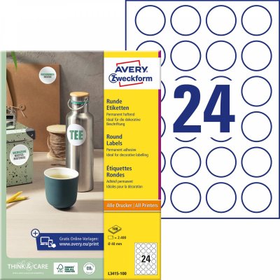 AVERY  L3415 - Blanc - diam&egrave;tre 40 mm 2400 unit&eacute;s (100 feuille(s) x 24) &eacute;tiquettes rondes