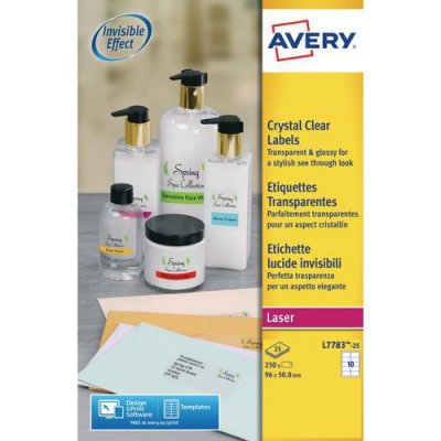 AVERY  - L7783-25 - 250 &Eacute;tiquettes Laser Transparentes Brillantes - 96 X 50,8 Mm