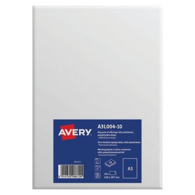AVERY  Lot de 5 Lots de 10 Etiquettes A3 adh&eacute;sive d&rsquo;affichage ultra-r&eacute;sistante pour signalisation