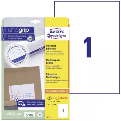 AVERY  Zweckform 6119 - &Eacute;tiquettes - blanc - A4 (210 x 297 mm) 25 &eacute;tiquette(s) ( 25 feuille(s) x 1 )