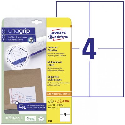 AVERY ZWECKFORM  6120 - Blanc - A6 (105 x 148 mm) 100 &eacute;tiquette(s) (25 feuille(s) x 4) &eacute;tiquettes
