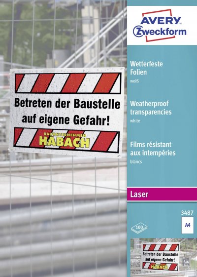 AVERY ZWECKFORM Avery - Zweckform films A4, blanc, rev&eacute;tus, &eacute;paisseur 0,13 mm (3487)