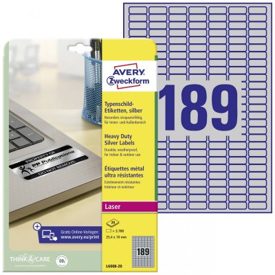 AVERY -Zweckform L6008-20 Lot de 3780 &eacute;tiquettes en polyester Argent&eacute; 25,4 x 10 mm