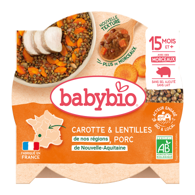 BABYBIO  - Assiette Carotte Porc Lentilles - Bio - 260g - D&egrave;s 15 mois