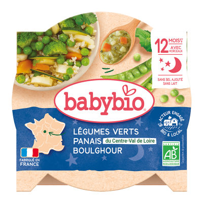 BABYBIO  Bonne nuit L&eacute;gumes verts Panais Boulghour BIO - d&egrave;s 12 mois - 230 g