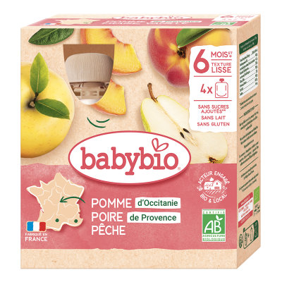 BABYBIO  Fruits - Gourdes pomme, poire, p&ecirc;che d&egrave;s 6 mois 4x90g