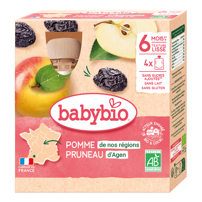 BABYBIO  Fruits - Gourdes pomme, pruneau d&egrave;s 6 mois 4x90g
