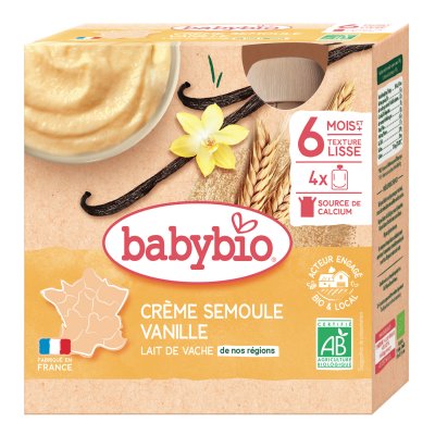 BABYBIO  - Gourde Cr&egrave;me Semoule Vanille - Bio - 4x85g - D&egrave;s 6 mois