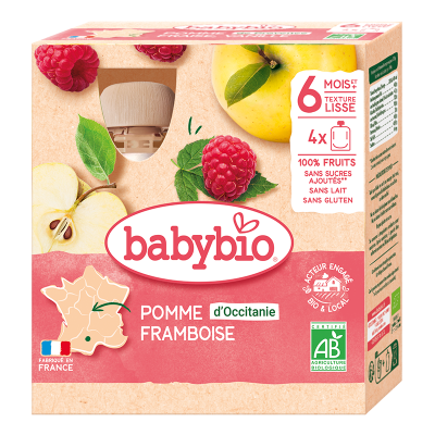 BABYBIO  - Gourdes Fruits - Pomme Framboise 4x90 g - 6+ Mois - BIO