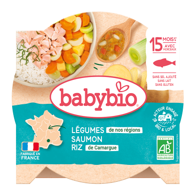 BABYBIO  Petit plat M&eacute;li-m&eacute;lo de l&eacute;gumes, saumon, riz d&egrave;s 15 mois 260g