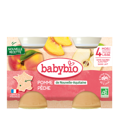 BABYBIO  Petits Pots P&ecirc;che Pomme Bio d&egrave;s 4 mois 2x130g