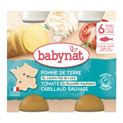BABYBIO  Repas Midi Pot Pomme de Terre Tomate Cabillaud +6m Bio 2 x 200g