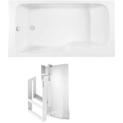 Baignoire bain douche Malice compacte + pare bain + &eacute;tag&egrave;re Blanc brillant, 170 X 90 version gauche