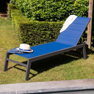 HAPPY GARDEN Bain de soleil BARBADOS en textil&egrave;ne bleu fonc&eacute; - aluminium anthracite